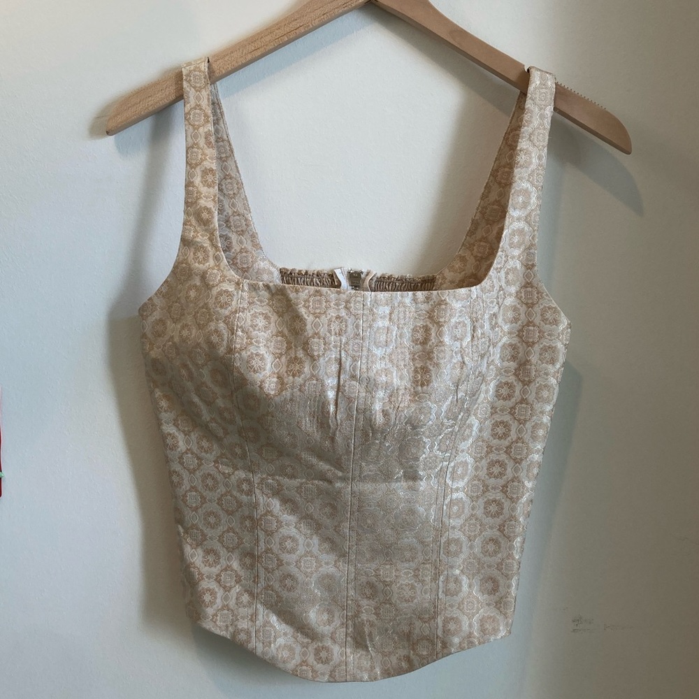 Reformation brocade corset with zip and ruched elastic